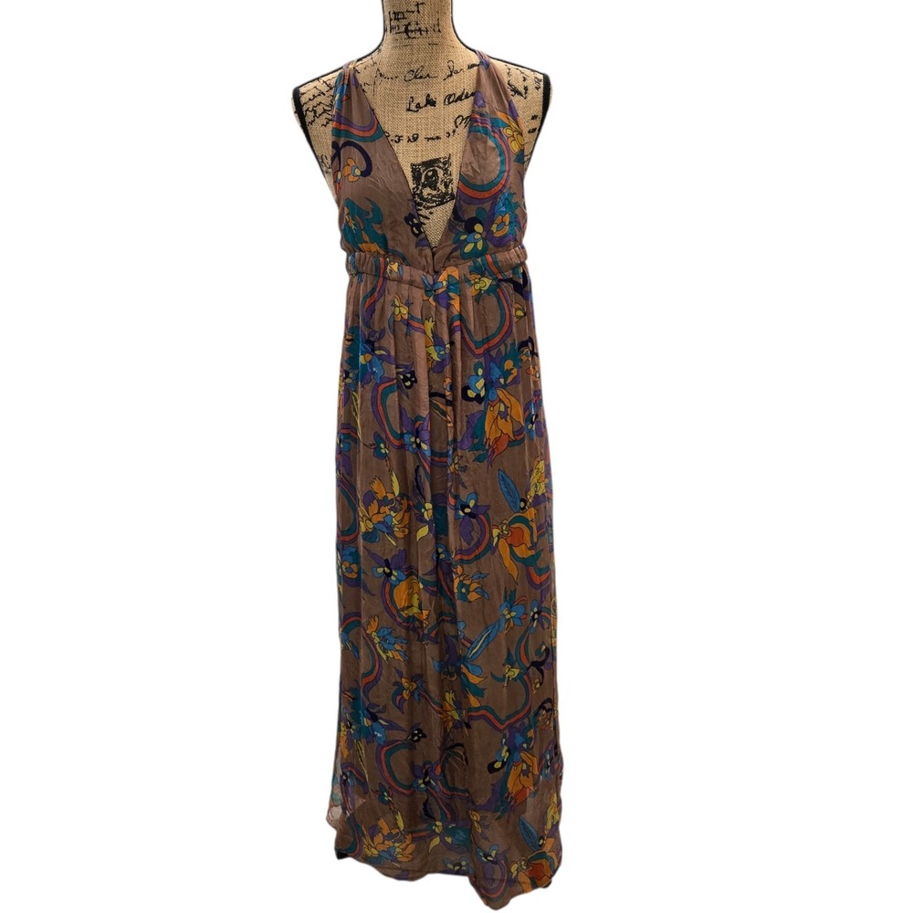 Glam Silk Maxi Sun Dress Flowy Sheer Brown Floral Racer Back Bohemian Sz M USA